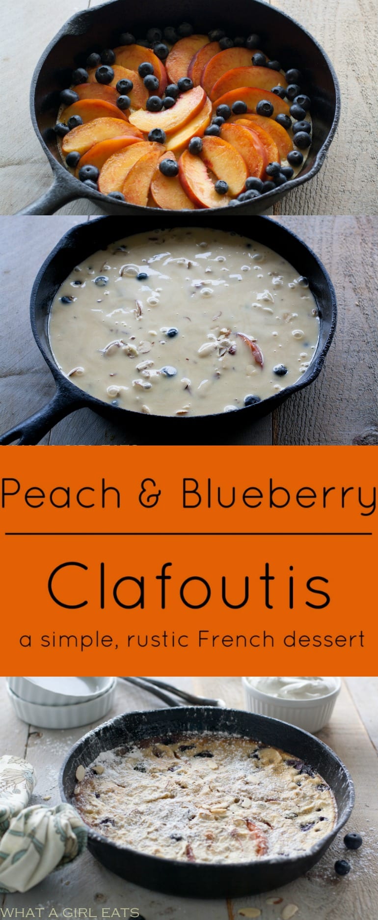 Clafoutis is a rustic French dessert made with fresh fruit that's baked into a custard-like batter. Try this blueberry peach clafoutis