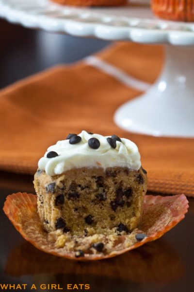 Pumpkin Chocolate Chip Cupcakes with Cream Cheese Frosting