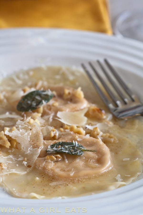 Pumpkin Ravioli with browned butter, sage and walnuts.