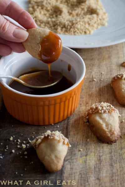Brown sugar walnut shortbread. Dip the top of the cookie in caramel then roll in nuts to resemble an acorn.