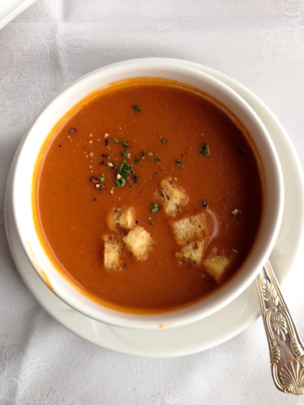 Cream of tomato soup with croutons.