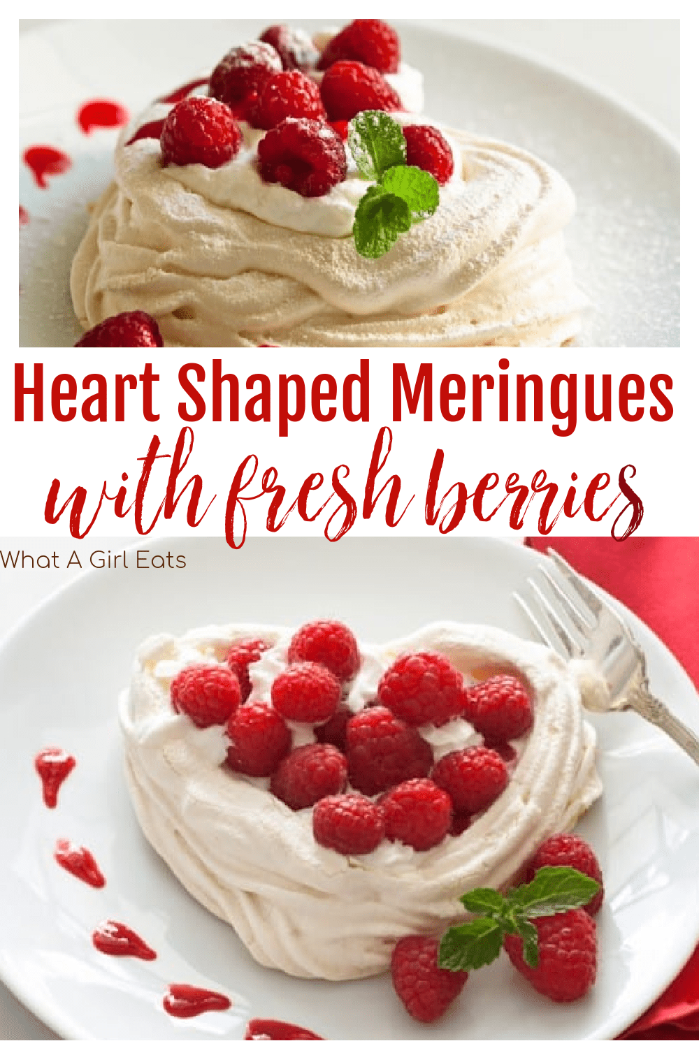 Heart shaped meringues with fresh berries and whipped cream is a lovely make-ahead dessert for Valentine's Day