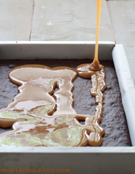 spread a layer of caramel over the cooled brownies, chill.