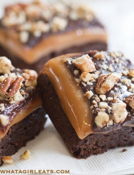 Millionaire Brownies, classic brownies layered with caramel, ganache and chopped nuts. @whatagirleats. com