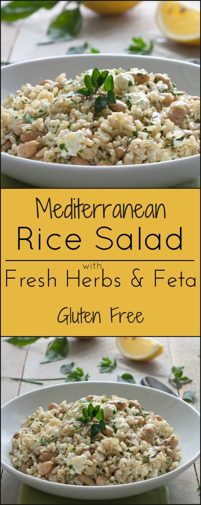 Gluten free summer side dish, Mediterranean Cold Rice Salad with Feta and Fresh herbs.