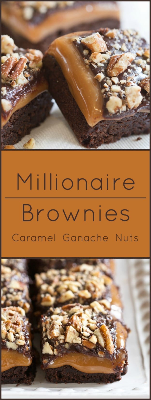 Millionaire Brownies. Moist brownies layered with caramel, ganache and nuts. 