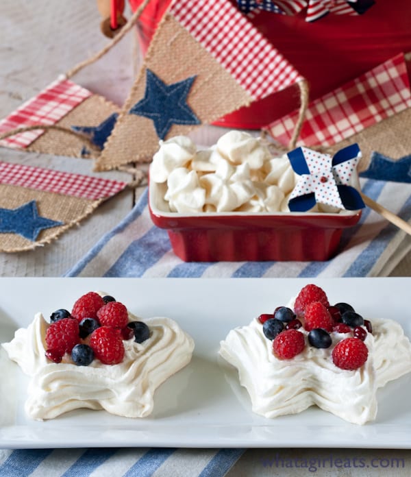 Star-shaped meringues filled with berries and fresh whipped cream.