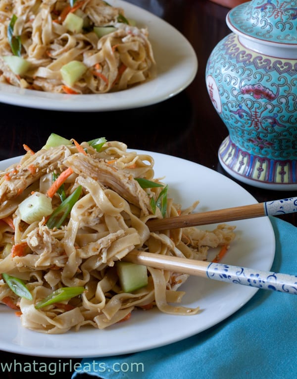 Cold sesame noodles with chicken and vegetables makes a delicious warm weather entree, and is perfect in a lunch box or for a picnic. Get the recipe from WhatAGirlEats.com