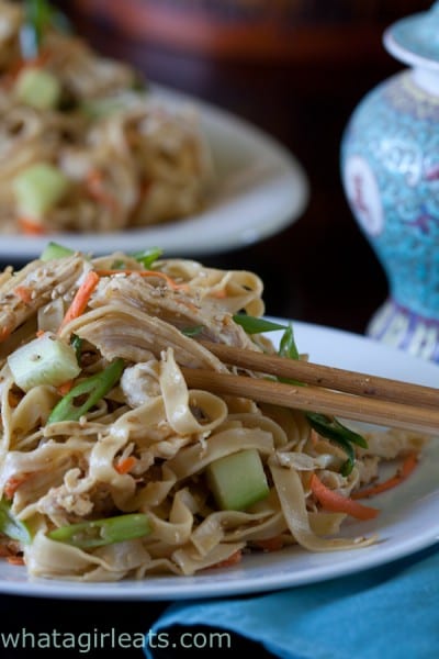 Cold sesame noodles with chicken and cucumbers.