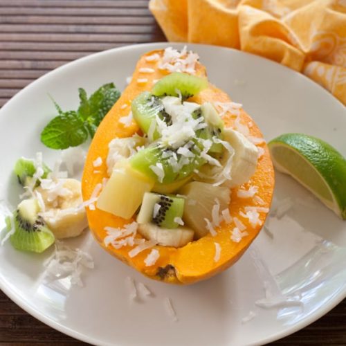 The perfect Balinese breakfast; papaya, pineapple and kiwi with lime and coconut.