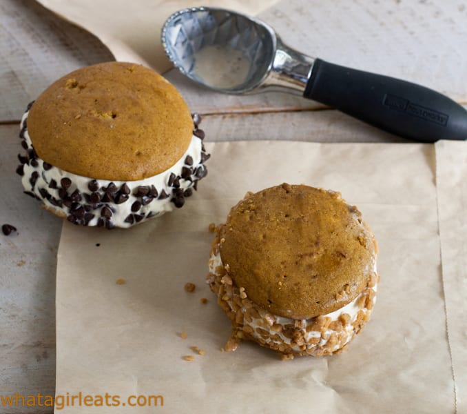 Pumpkin ice cream sandwiches with vanilla ice cream with chocolate chips and butter pecan ice cream with English toffee bits.