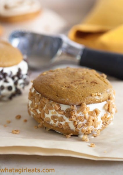 Pumpkin ice cream sandwiches with butter pecan ice cream and English toffee bits. Pumpkin ice cream sandwiches with butter pecan ice cream and English toffee bits.