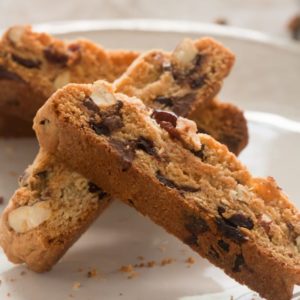 Cherry almond biscotti with chocolate chips.