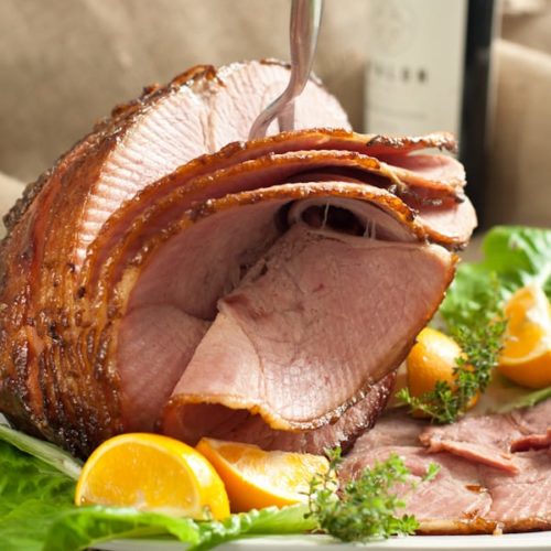 Spiral-cut, bourbon and brown sugar glazed ham.