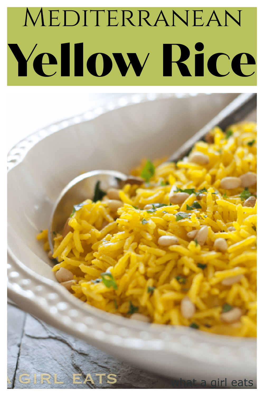 This Mediterranean yellow rice recipe is a vibrant, flavorful and easy side dish made with turmeric and toasted pine nuts.