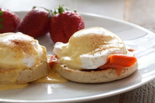 Eggs Royale; English muffins topped with smoked salmon, soft poached eggs and Hollandaise sauce.