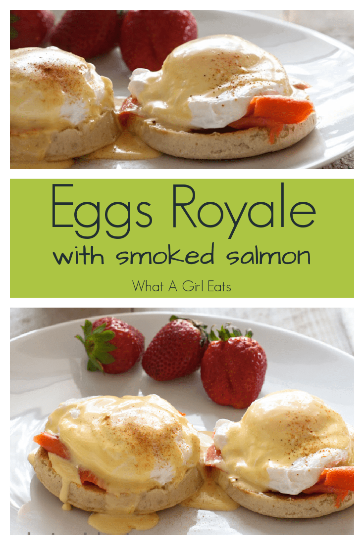 Similar to Eggs Benedict, Eggs Royale are poached eggs and smoked salmon bathed in Hollandaise and served on toasted English muffins.