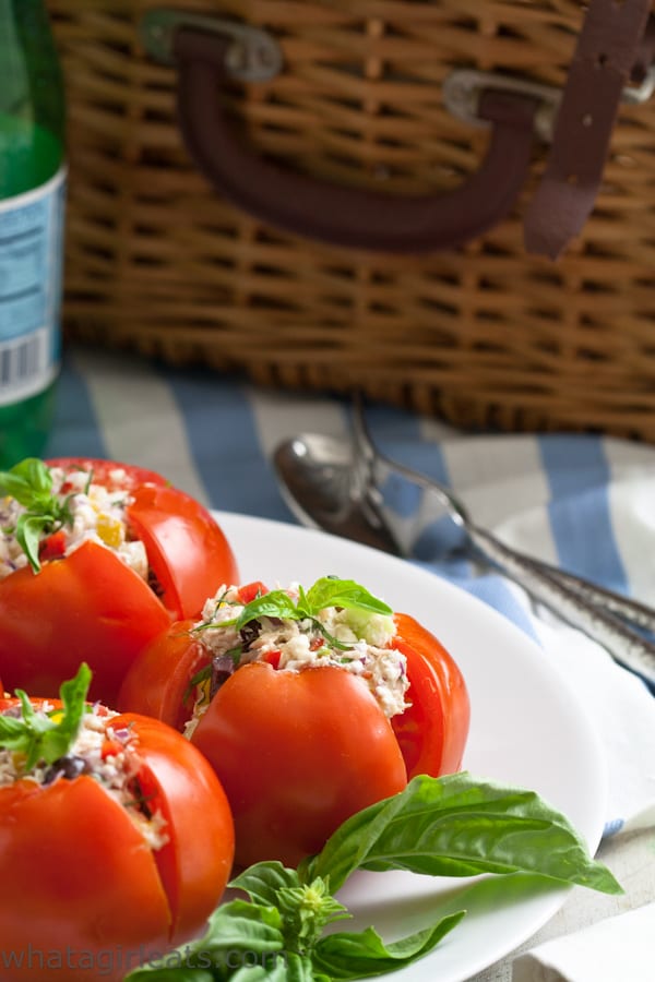 picnic basket with stuffed tomatoes