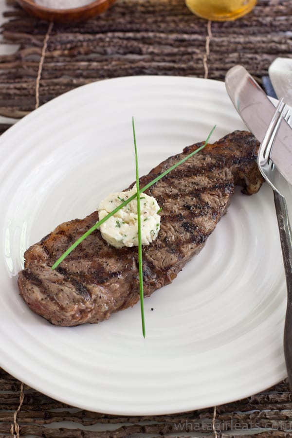 Grilled steak with shallot-horseradish butter. 