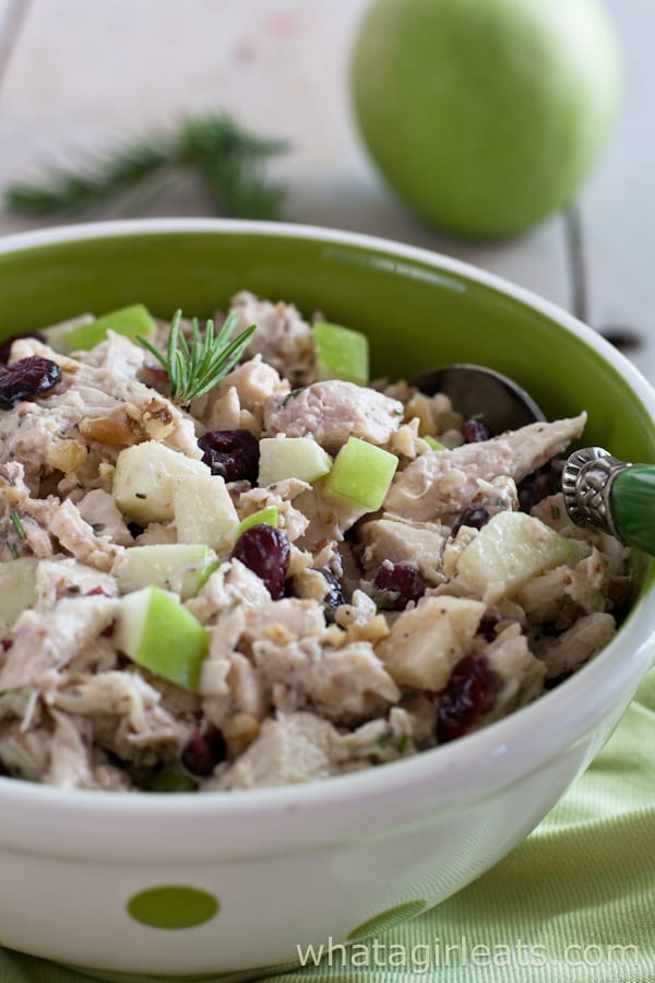 Delicious chicken salad with cranberries, walnuts, tart apples and rosemary. Naturally gluten free!
