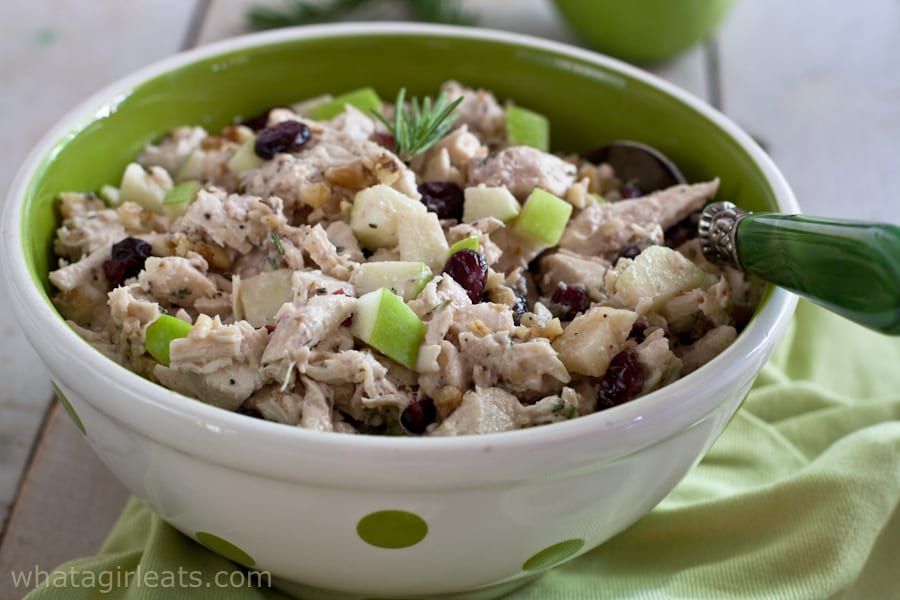 Chicken salad with cranberries, walnuts, tart apples and rosemary.