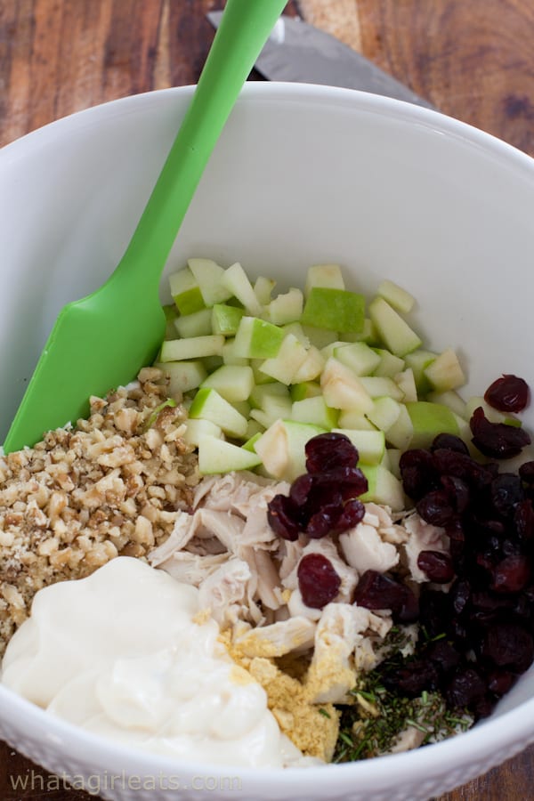 Ingredients for chicken salad with cranberries, walnuts and apples