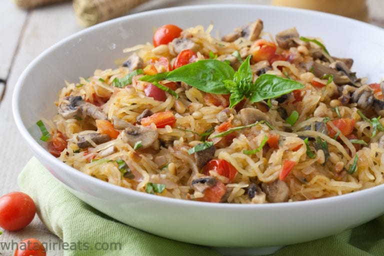 Paleo Spaghetti Squash with mushrooms, tomatoes and basil.