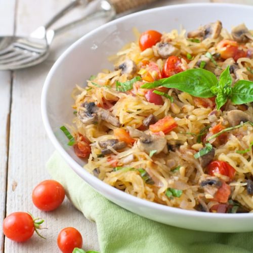 Paleo Spaghetti Squash with mushrooms, tomatoes and basil. Vegan and gluten free!