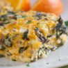Cheesy spinach and mushroom breakfast casserole is low-carb and high protein. Gluten free and vegetarian., too. Get the recipe on WhatAGirlEats.com