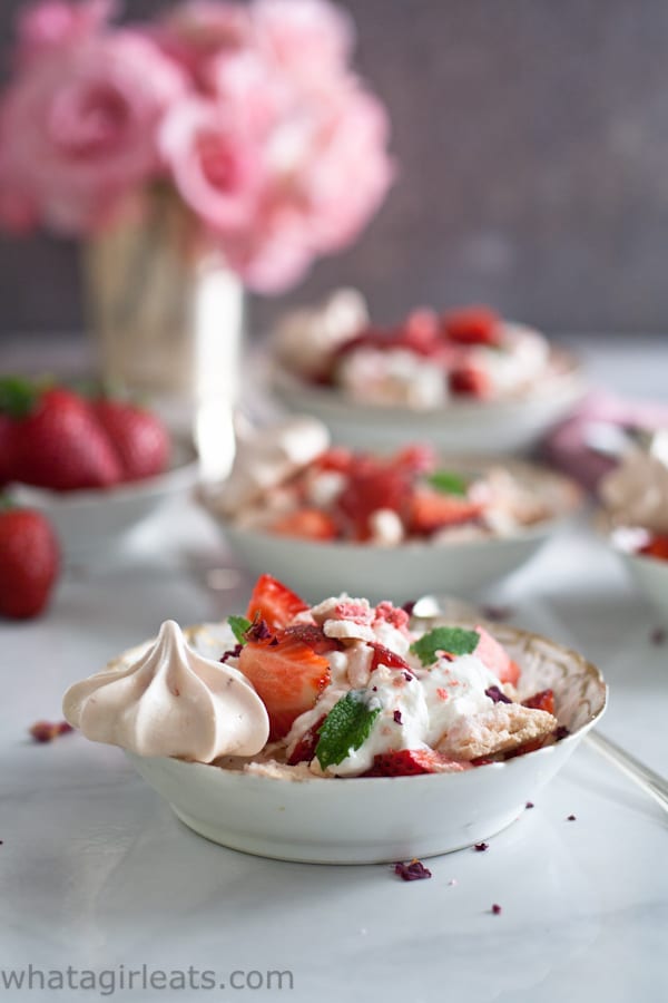 Eton Mess - meringues, strawberries and cream - in a delicate bowl.