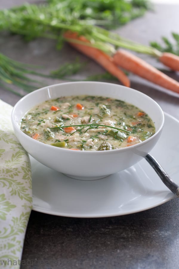 Greek Spring Soup with chicken and vegetables is gluten free and loaded with fresh vegetables.