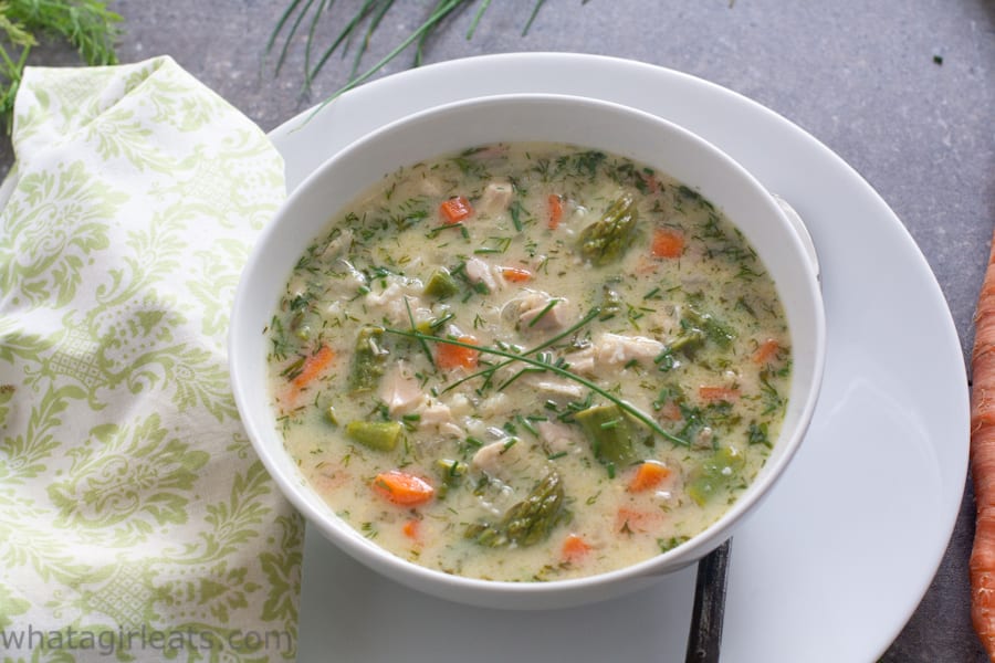 Greek Spring Soup with chicken and vegetables is gluten free and loaded with fresh vegetables.