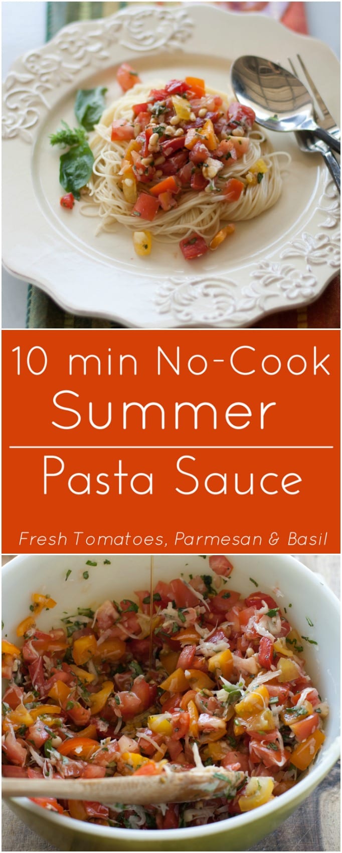 No-cook tomato summer pasta sauce image for Pinterest.