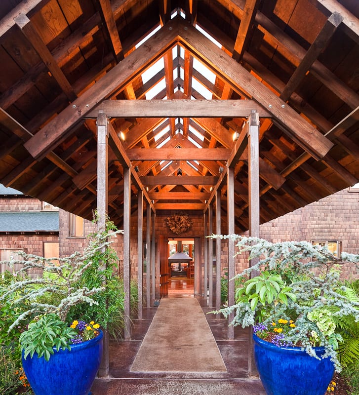 The grand entrance to the Brewery Gulch Inn with its 10 foot high doors made of eco-salvaged lumber. 