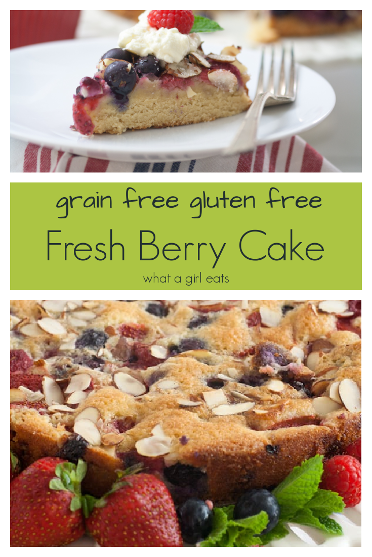 Grain free and gluten free fresh berry cake. Easy to make with a rich almond batter and sliced almonds.