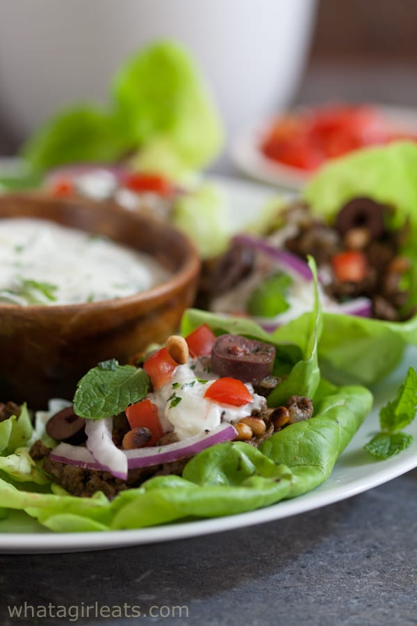 Middle Eastern Lettuce Wraps {Whole30} Put out Tzatziki, diced tomatoes, olives, onions and feta cheese. Whole30s can omit the dairy and still feel satisfied!