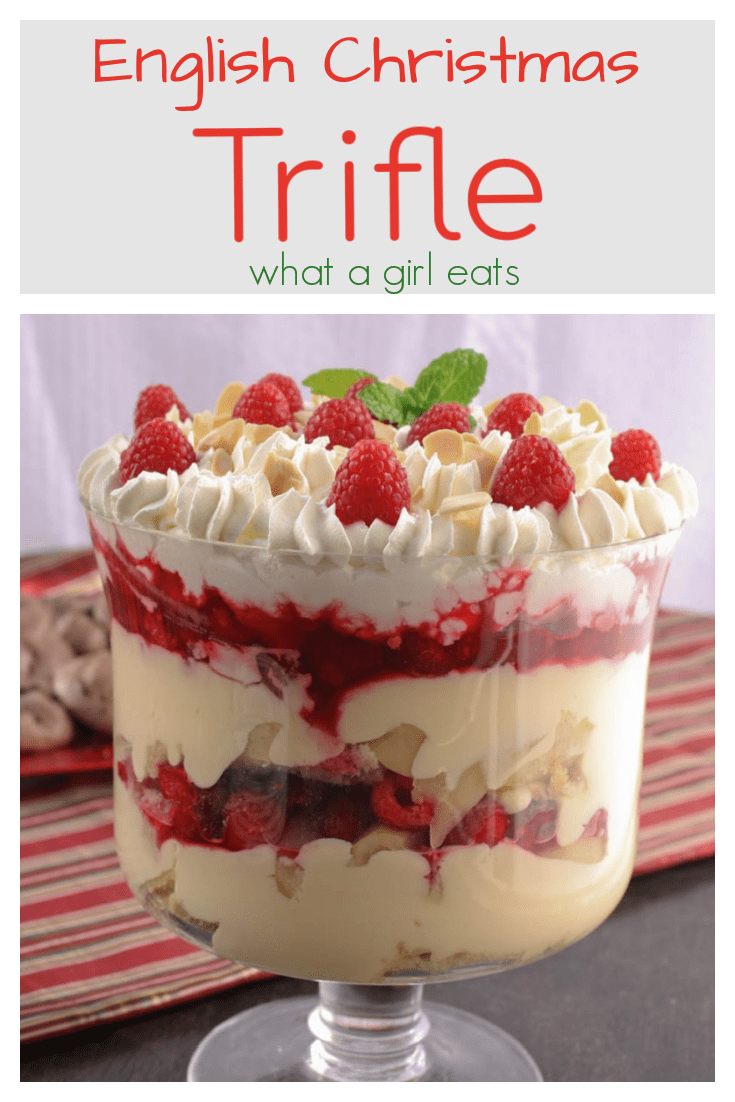 This English Christmas trifle is sure to be a showstopper on your holiday table! Almond pound cake is soaked in liqueur with layers of poached pears, fresh raspberries and homemade custard.
