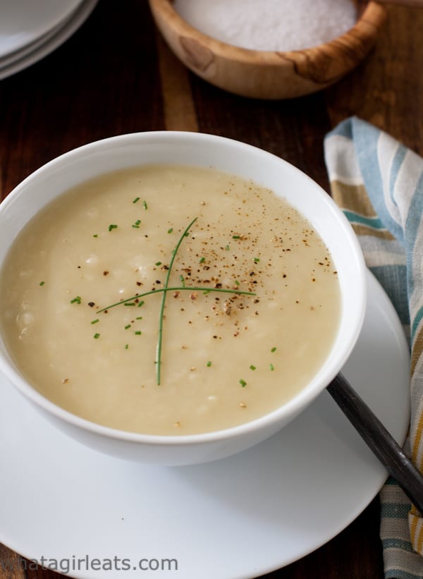 Potato leek soup in a bowl.