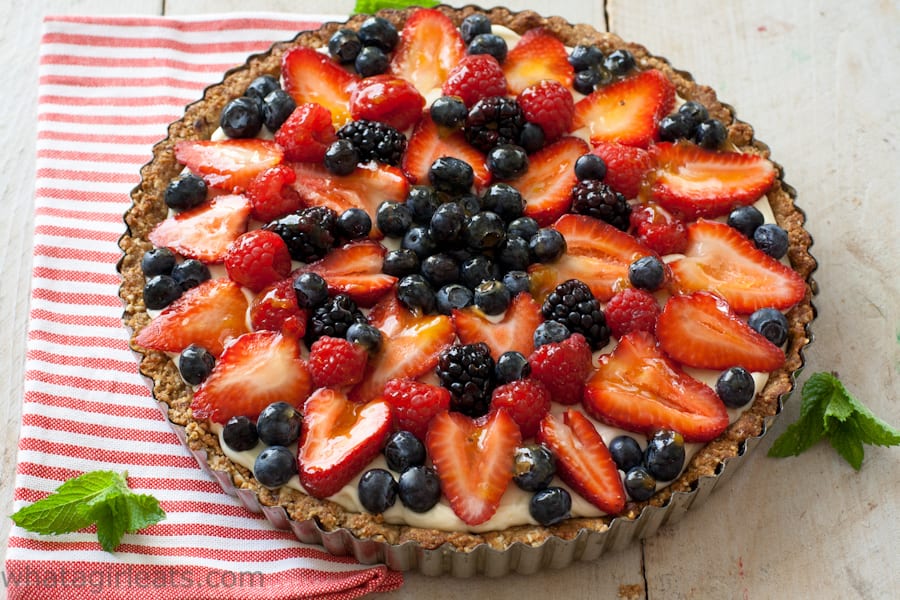 Overhead view of red, white and blue fruit tart.
