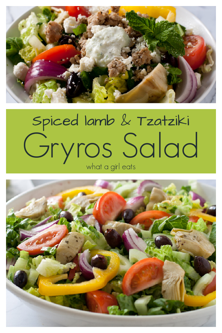 Greek gyros salad with spiced lamb, tzatziki, olives and fresh vegetables is low carb, keto friendly and gluten free.