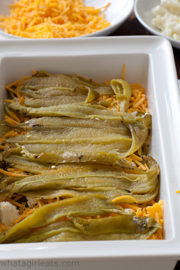 second layer of hatch chiles in casserole