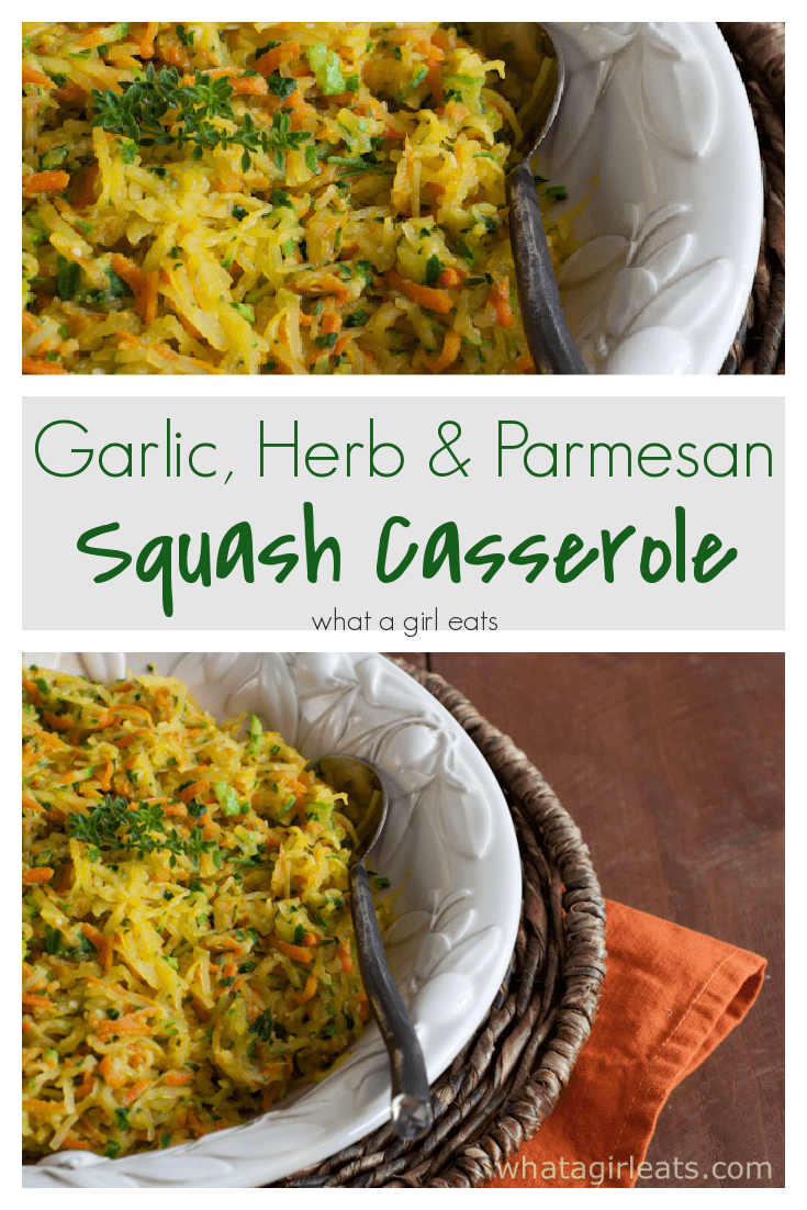 This squash casserole is a blend of spaghetti squash, zucchini and carrots sauteed in butter, garlic, fresh herbs and parmesan cheese. It's a delicious low carb, and gluten free side dish.