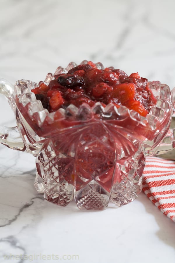 cranberry chutney with red striped napkin
