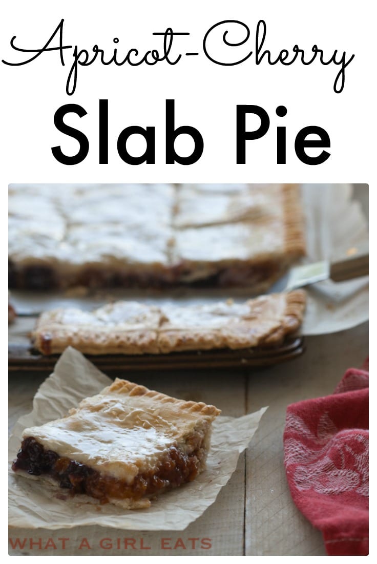 Apricot Cherry Slab pie is perfect for a big crowd! No plates or forks needed! #slabpie #fruitpie #pierecipes #dessert #fruitdessert #apricotpie #cherrypie