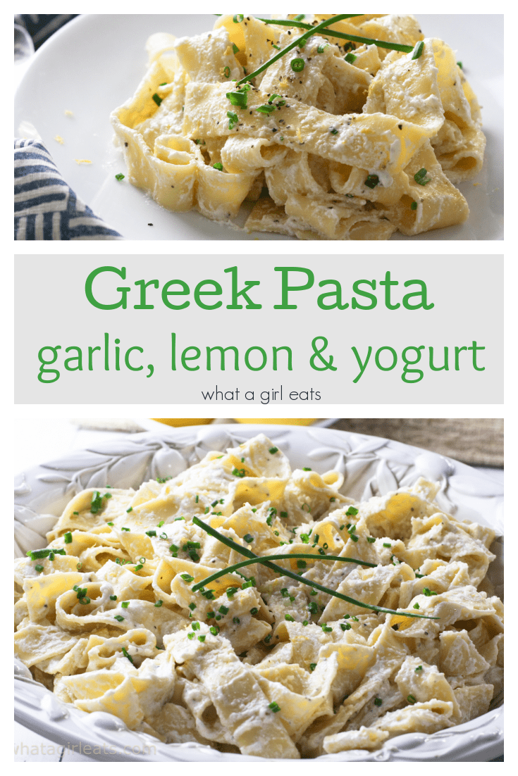 Vegetarian Greek Pasta with garlic, lemon and yogurt ready in under 30 minutes!