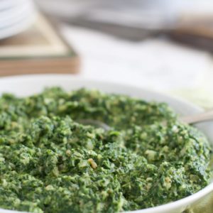 Creamed Spinach in white bowl