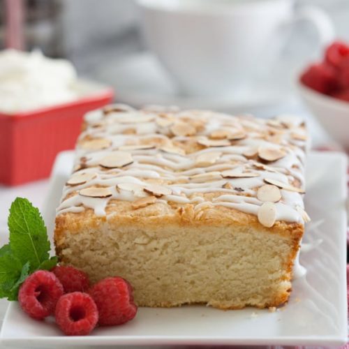 almond pound cake with raspberries