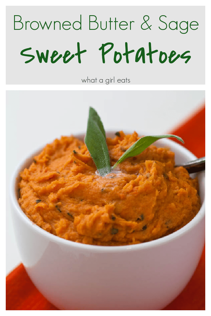 Mashed sweet potatoes with browned butter and sage is a delicious and easy side dish.