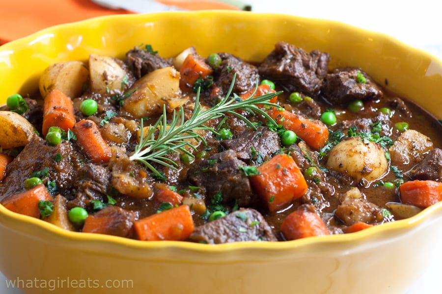 Guinness beef stew in dutch oven pot.