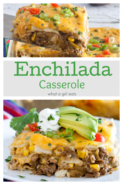 Layered enchilada casserole image for Pinterest.
